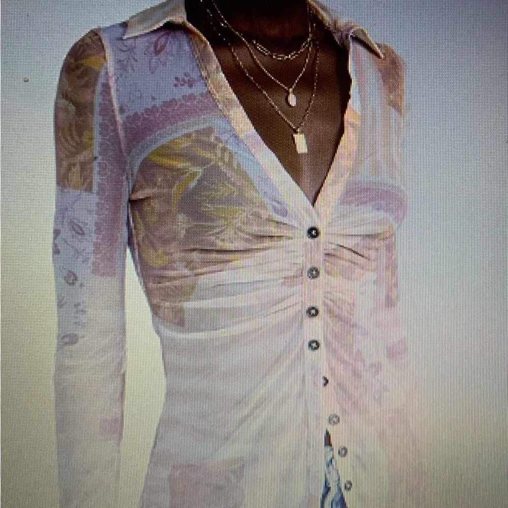 Free People XS Long Sleeve cinch button down see through shirt